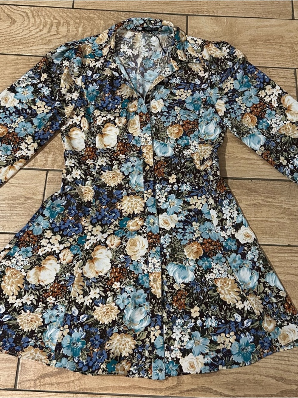 Zara Floral Mini Dress in Blue, Cream, Brown and Black